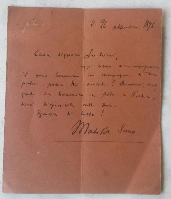 Lettera autografa firmato della scrittrice Matilde Serao (Patrasso, 1856-1927), datata 26 settembre 1896.
