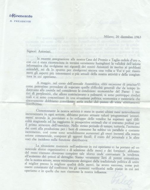 Lettera dattiloscritta a firma autografa del senatore Aldo Borletti (Milano, …