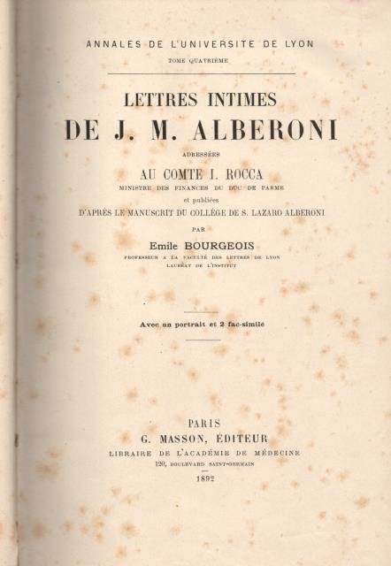 LETTRES INTIMES DE J.M. ALBERONI ADRESSÉES AU COMTE I. ROCCA, …