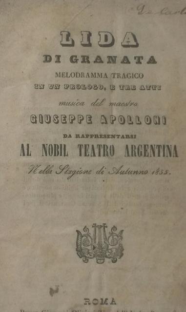LIDA DI GRANATA (1855). Melodramma tragico in un Prologo e …