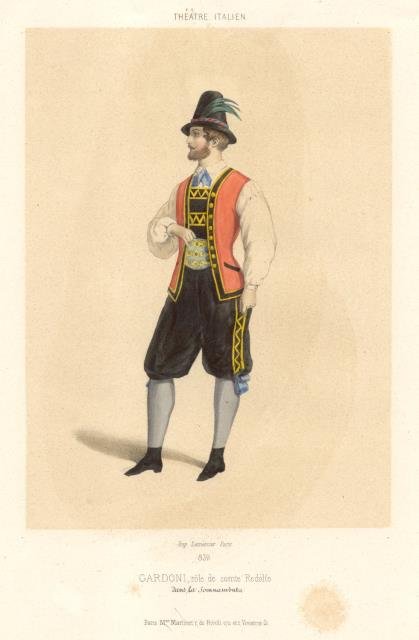 Litografia raffigurante il tenore Italo Gardoni nel costume di scena del Conte Rodolfo nell'opera "La Sonnambula" di Vincenzo Bellini. 1850 circa.