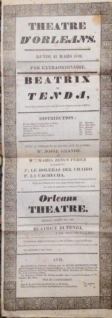 Locandina originale per una esecuzione dell'opera "Beatrice di Tenda" di Vincenzo Bellini al Theatre d'Orleans il 21 marzo 1842.