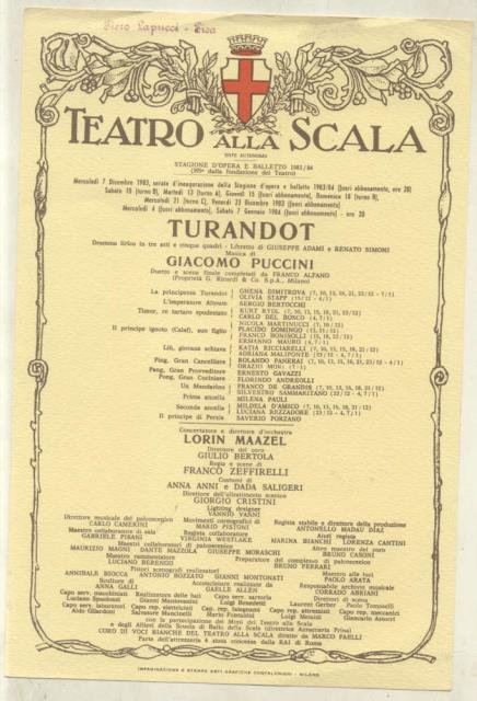 Locandina originale per una esecuzione dell'opera "Turandot" di Giacomo Puccini …