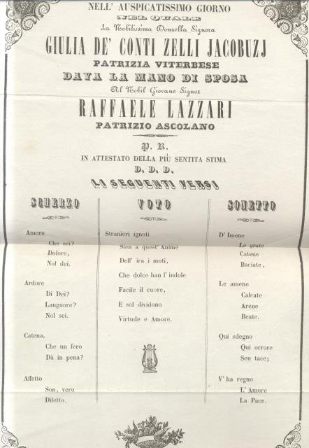 Lotto di quattro nuptialia originali per le nozze dei nobili Raffaele Lazzari di Ascoli e Giulia Zelli Jacobuzzi di Viterbo.