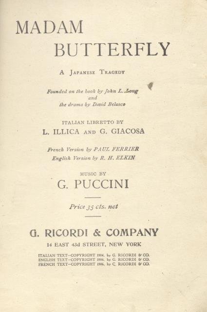 MADAM BUTTERFLY (1904). A Japanese Tragedy founded on the book …