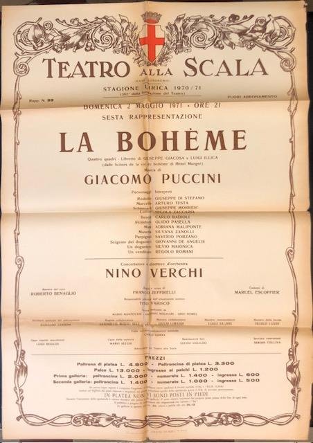 Manifesto originale per una esecuzione dell'opera "La Bohème" di Giacomo …