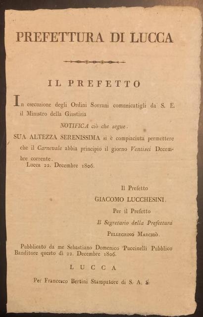 Notifica per l'apertura del Carnevale 1806.