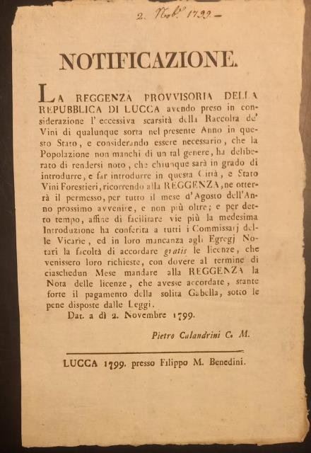 Notificazione che autorizza l'importazione di vino. 2 novembre 1799.