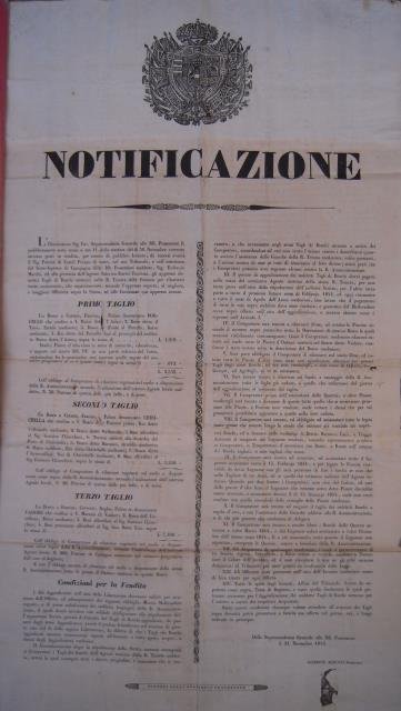 Notificazione del 21 novembre 1843 della Soprintendenza Generale delle RR.Possessioni …