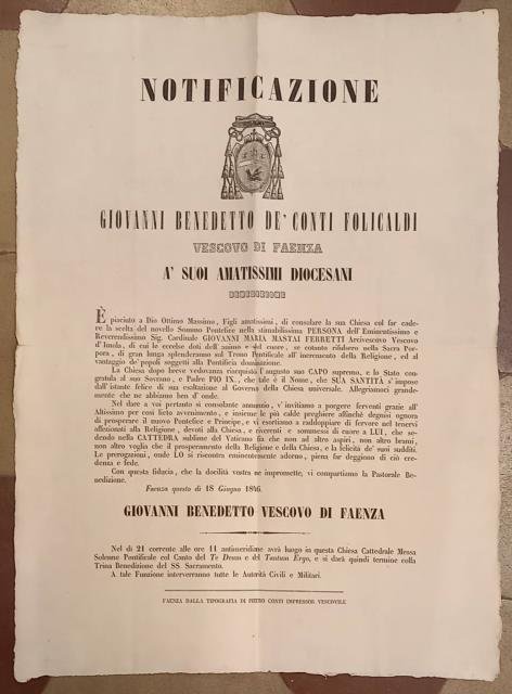 Notificazione del Vescovo di Faenza per la nomina di Pio …