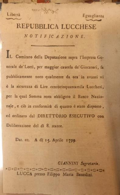 Notificazione in merito al Gioco del Lotto. A dì 15 Aprile 1799.