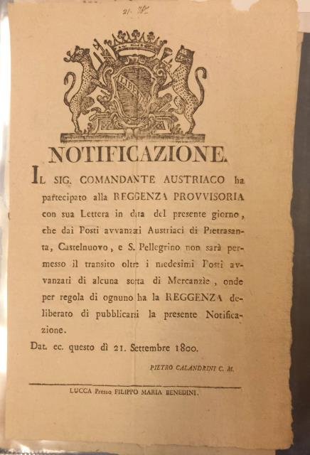 NOTIFICAZIONE. In merito al transito di mercanzie a Pietrasanta, Castelnuovo …