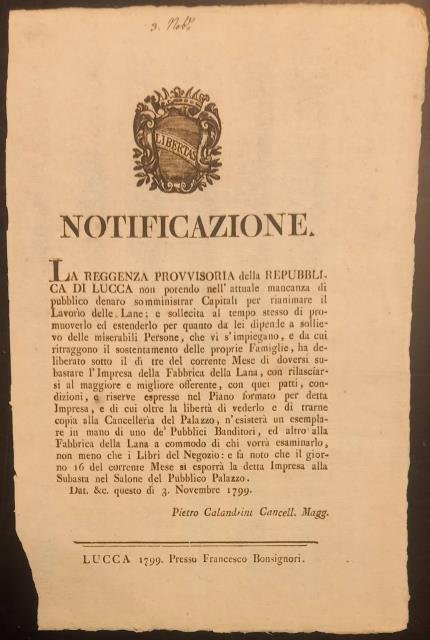 Notificazione in merito alla Fabbrica della Lana. 3 Novembre 1799.