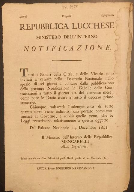 Notificazione per il versamento delle gabelle da parte dei Notai. …