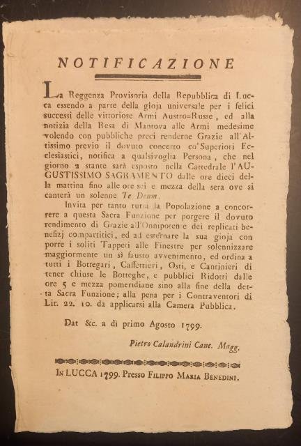 Notificazione per la celebrazione del "Te Deum" per la sconfitta …