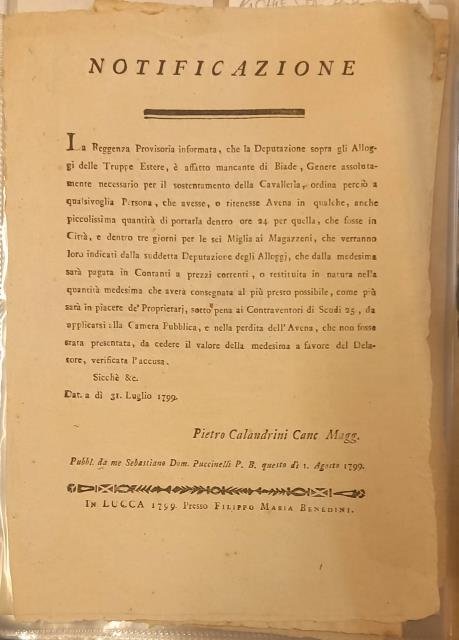 Notificazione per richiesta di biada e avena per cavalli. Seduta …