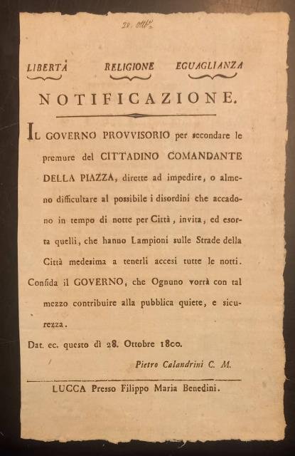 Notificazione per tenere accesi i lampioni. 28 ottobre 1800.