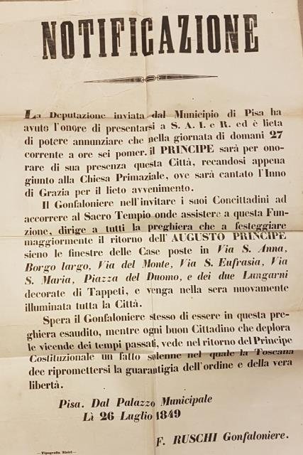 Notificazione ufficiale che annuncia la venuta a Pisa del Granduca …