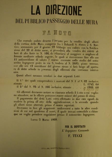 Notificazione ufficiale della "Direzione del Pubblico Passeggio delle Mura".