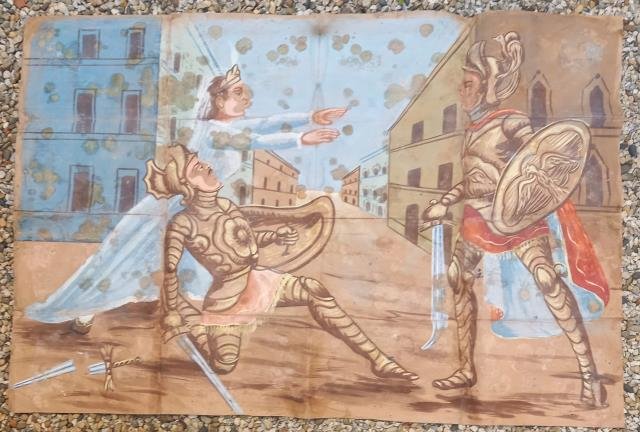 ORLANDO SOGGETTA OLIVIERO. Grande disegno policromo ad acquarello, di gusto popolare, dipinto a mano. 1900 circa.