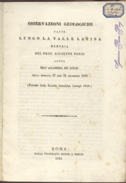 OSSERVAZIONI GEOLOGICHE FATTE LUNGO LA VALLE LATINA. Memoria letta nell'Accademia …