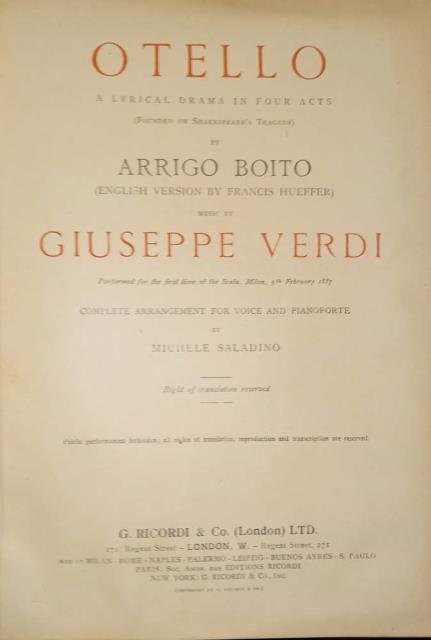 OTELLO (1887). A lyrical Drama lirico in four Acts (founded …