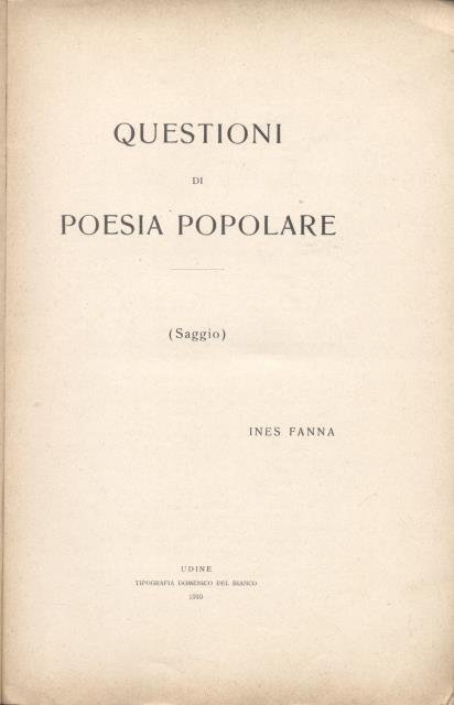 QUESTIONI DI POESIA POPOLARE. Saggio.