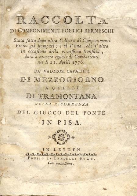 RACCOLTA DI COMPONIMENTI POETICI BERNESCHI NELLA RICORRENZA DEL GIUOCO DEL …