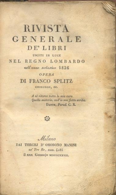 RIVISTA GENERALE DE' LIBRI USCITI IN LUCE NEL REGNO LOMBARDO …