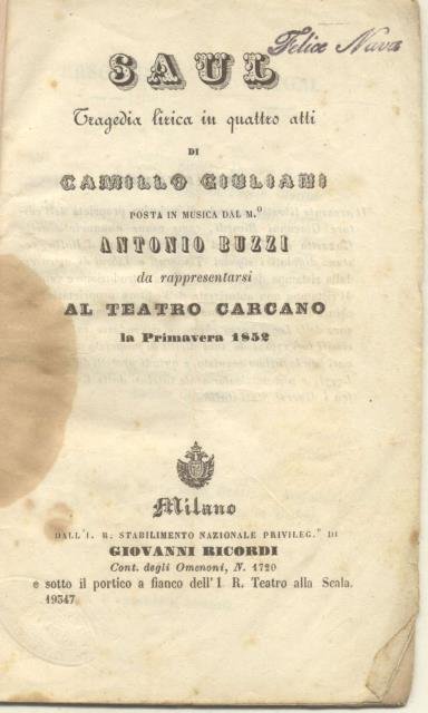 SAUL (1843). Libretto d'opera. Tragedia lirica in quattro atti di …