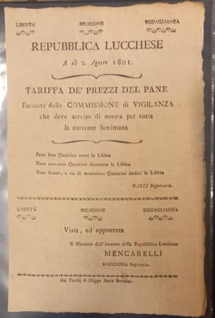 Tariffa de' Prezzi del pane. A dì 2 Agosto 1801.
