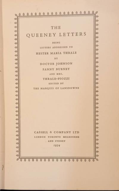 THE QUEENEY LETTERS. Being Letters Addressed to Hester Maria Thrale …