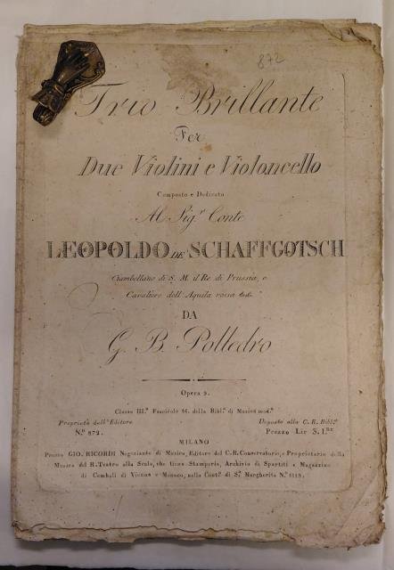 TRIO BRILLANTE PER DUE VIOLINI E VIOLONCELLO. Composto e dedicato …