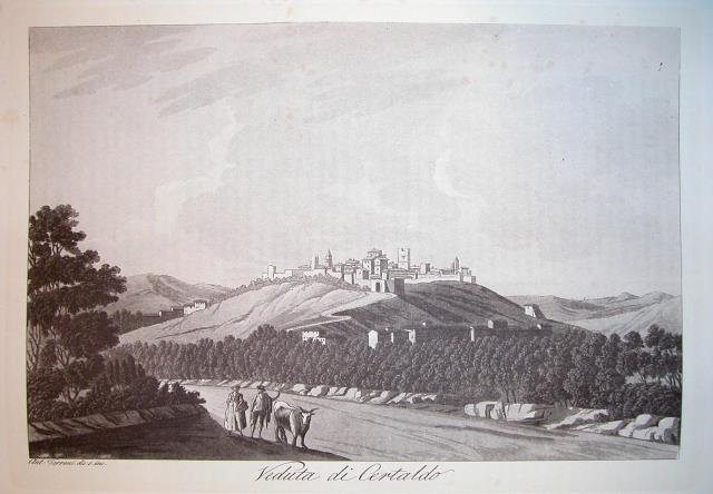 VEDUTA DI CERTALDO. Riproduzione tratta da "Viaggio pittorico della Toscana" di Jacopo e Antonio Terreni.