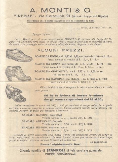 Volantino pubblicitario del negozio di scarpe "A. Monti", Via dei …