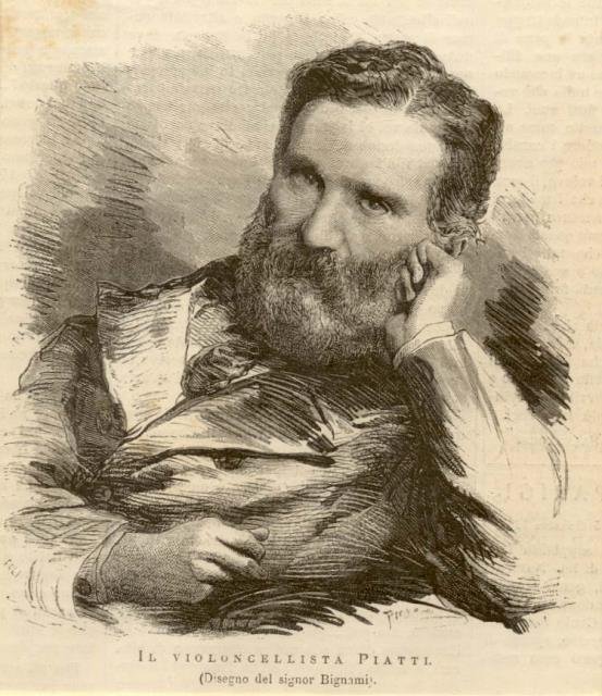 Xilografia raffigurante il violoncellista Alfredo Carlo Piatti (Borgo Canale di Bergamo, 1822-1901).