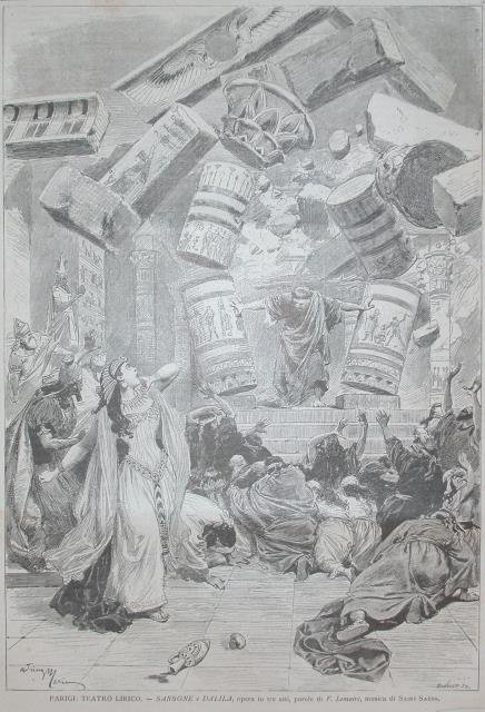Xilografia raffigurante una scena di "Sansone e Dalila", opera in tre atti di F.Lemaire, musica di Camille Saint Saëns, rappresentata al Teatro Lirico di Parigi.