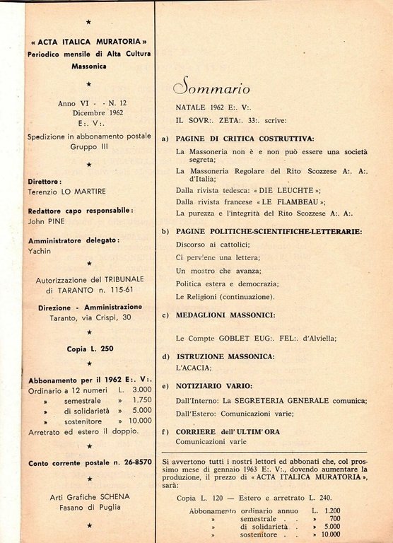 ACTA ITALICA MURATORIA Dicembre 1962 rivista massoneria Valli dell'Ofanto Puglia