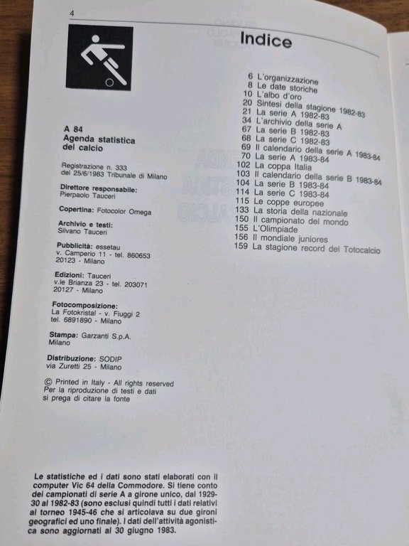 AGENDA STATISTICA DEL CALCIO di Silvano Pierpaolo Tauceri 1983 A84 …