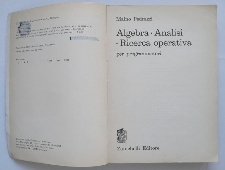 ALGEBRA ANALISI RICERCA OPERATIVA di Maino Pedrazzi 1987 Zanichelli Libro