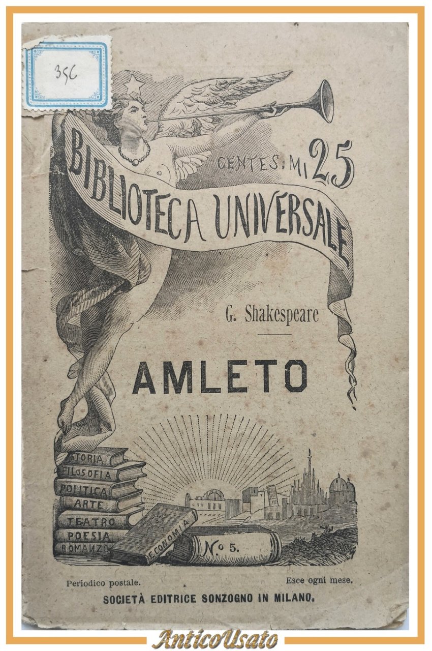 AMLETO tragedia di Guglielmo Shakespeare 1896 Sonzogno Libro William Teatro