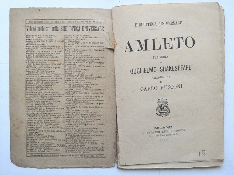 AMLETO tragedia di Guglielmo Shakespeare 1896 Sonzogno Libro William Teatro