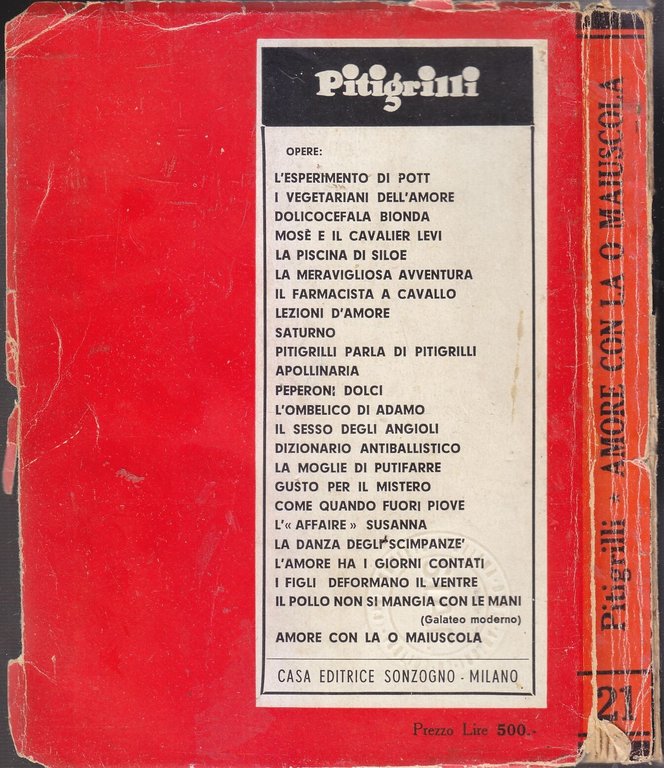 AMORE CON LA O MAIUSCOLA di Pitigrilli 1958 Sonzogno Romanzo …
