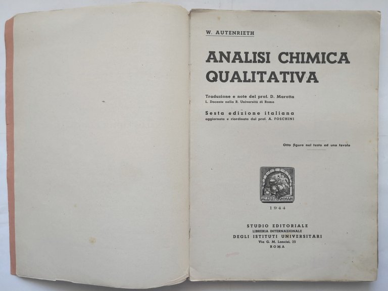 ANALISI CHIMICA QUALITATIVA di W Autenrieth 1944 Studio Editoriale Libro