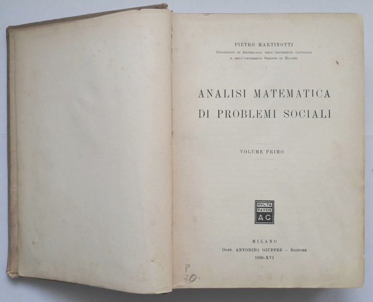 ANALISI MATEMATICA DI PROBLEMI SOCIALI Pietro Martinotti 1938 Giuffrè Libro