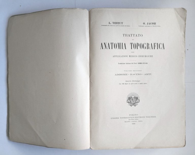 ANATOMIA TOPOGRAFICA di Testut e Jacob 2 volumi 1922 UTET …