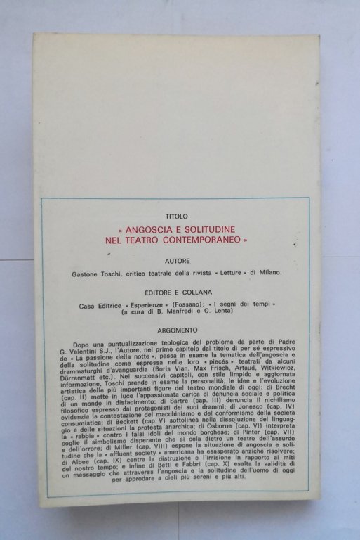 ANGOSCIA E SOLITUDINE NEL TEATRO CONTEMPORANEO di Gastone Toschi 1970 …