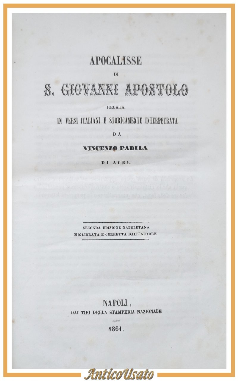 APOCALISSE DI SAN GIOVANNI APOSTOLO di Vincenzo Padula 1861 Libro …