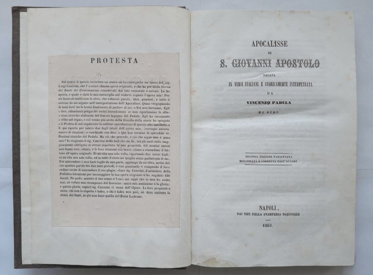 APOCALISSE DI SAN GIOVANNI APOSTOLO di Vincenzo Padula 1861 Libro …