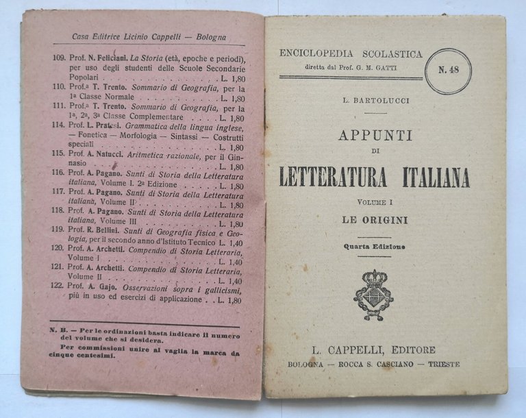 APPUNTI DI LETTERATURA ITALIANA Bartolucci volume I Origini 1920 Cappelli …